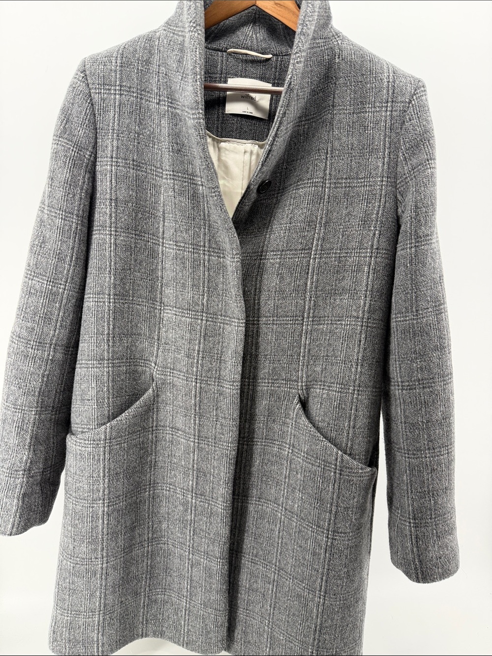 Wilfred by Aritzia Grey Wool and Cashmere Plaid Stand-Collar Pea Coat
